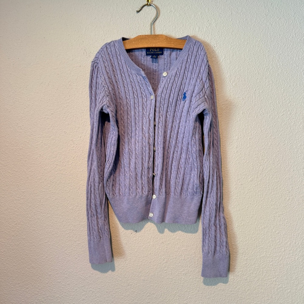 Polo Ralph Lauren Kids Girls Lavender Cable Knit Cardigan Sweater Size M 8-10